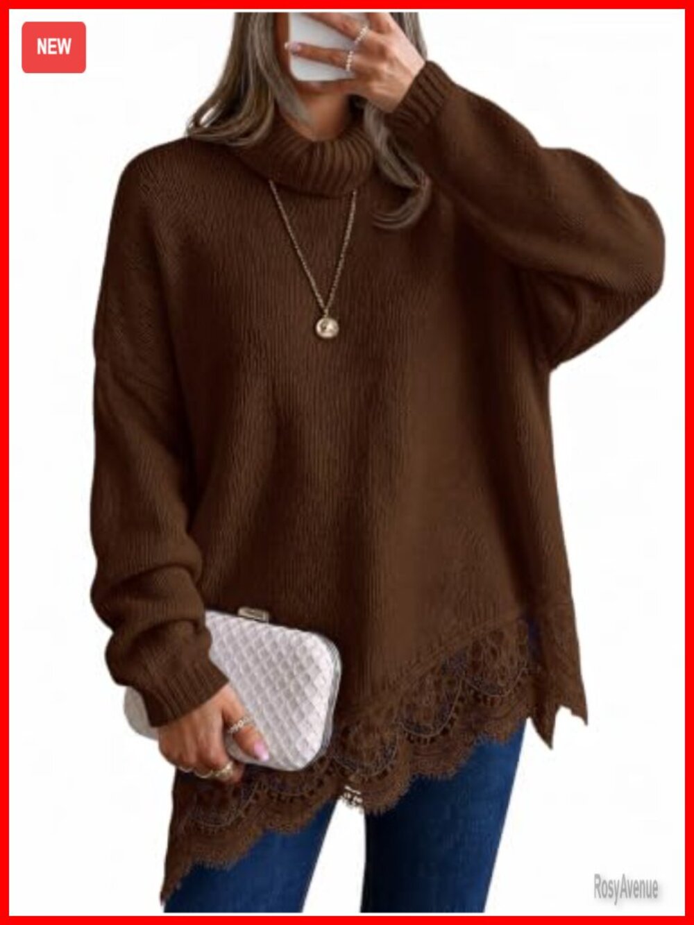 Womens Oversized Turtleneck Sweater Batwing Sleeve Lace Hem Tunic